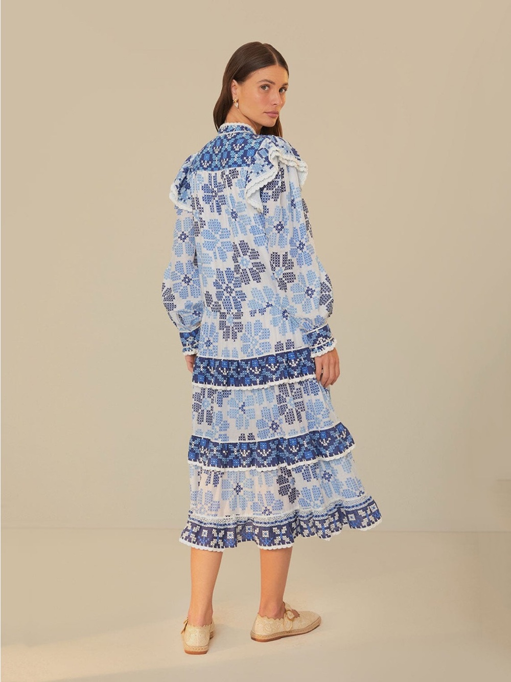 Farm Rio Off-White Stitched Flowers And Girls Midi Dress - Picture 2 of 11